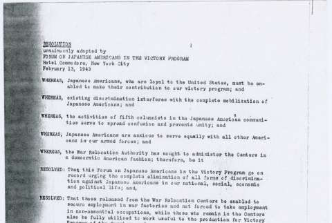 Resolution adopted at Forum on Japanese Americans in the Victory Program (ddr-densho-122-422)
