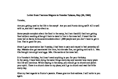 Letter from Tsuruno Meguro to Yoneko Takano, May 30, 1942, English translation (ddr-csujad-42-48)