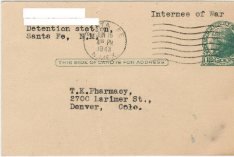 Letter sent to T.K. Pharmacy from Santa Fe internment camp (ddr-densho-319-164)