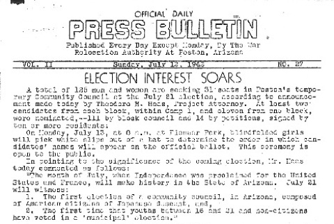 Poston Official Daily Press Bulletin Vol. II No. 27 (July 12, 1942) (ddr-densho-145-53)