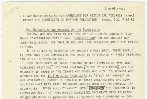 Lillian Baker speech on behalf of Americans for Historical Accuracy to the Commission on Wartime Relocation and Internment of American Civilians (ddr-densho-352-26)