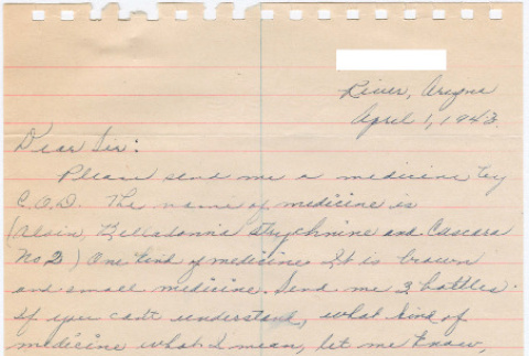 Letter sent to T.K. Pharmacy from Gila River concentration camp (ddr-densho-319-270)