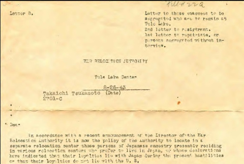 Letter from Raymond R. Best, Project Director, Tule Lake Center, to Takaichi Tsukamoto, August 26, 1943 (ddr-csujad-55-1291)