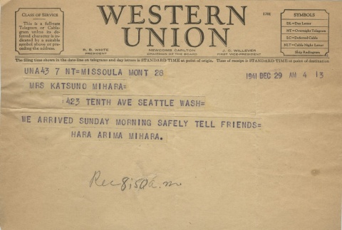 Telegram from Issei man to wife (December 29, 1941) (ddr-densho-140-39)