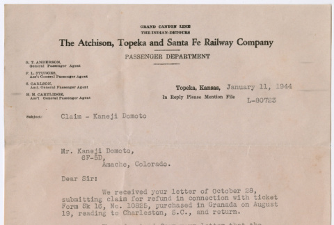 Letter to Kaneji Domoto from The Atchison, Topeka and Santa Fe Railway Company (ddr-densho-329-1002)