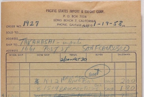 Receipt from Pacific State Import & Export Corp. to Takahashis (ddr-densho-424-674)