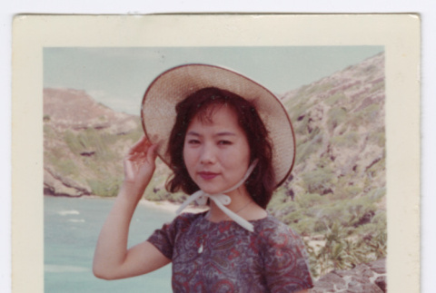 Portrait of person in dress and sun hat (ddr-densho-1007-132)