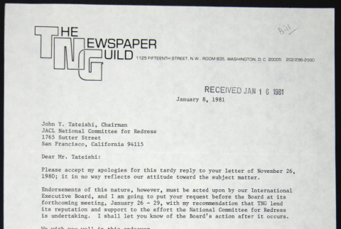 Letter to John Tateishi from Charles Perlik Jr. of the Newspaper Guild (ddr-chijacl-1-127)