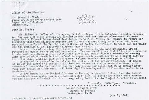 Memo from Dillon Myer to Edward Ennis, Department of Justice (ddr-densho-122-494)