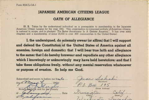 JACL Oath of Allegiance for June Sakaki (ddr-ajah-7-115)