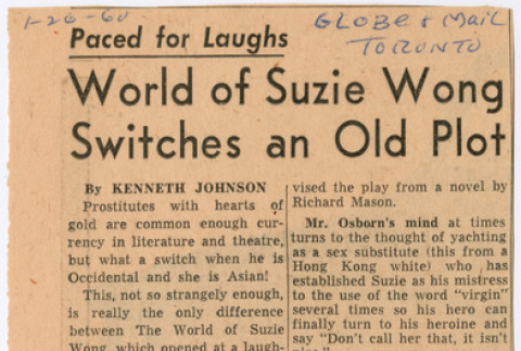 Clipping from Toronto Globe & Mail with review of The World of Suzie Wong (ddr-densho-367-270)