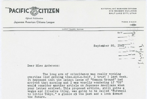 Letter from Larry Tajiri to Margaret Anderson, editor of Common Ground (ddr-densho-338-439)