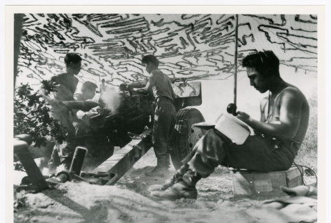 Cpl. Edward Nakamura, Pfc. George Tanna, Pvt. Suehiko Yoshida, and Mamoru Yonashiro at Battle of Leghorn (ddr-densho-1007-174)