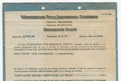 Washington Title Insurance Company Mortgagee's Policy (ddr-densho-474-103)