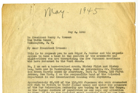 Letter from Frank Herron Smith to President Harry S. Truman, May 4, 1945 (ddr-csujad-21-2)