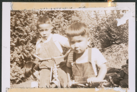 Two children riding a bicycle and a tricycle (ddr-densho-483-1080)