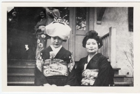 Two women outside the Hood River Japanese Community Hall (ddr-densho-259-622)