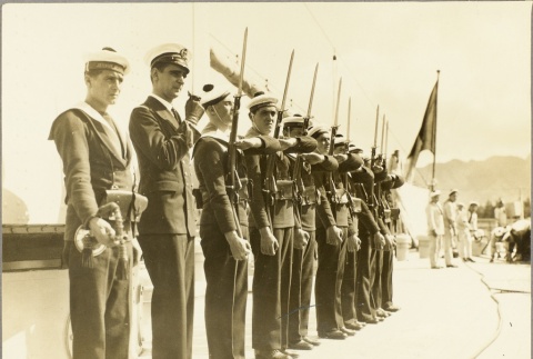 Crew members standing at attention on board the Jeanne d'Arc (ddr-njpa-13-641)