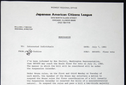 Memo to Interest Individuals from Bill Yoshino (ddr-chijacl-1-196)