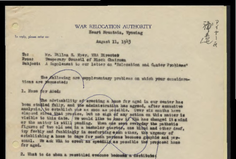 Memo from Heart Mountain Temporary Council of Block Chairmen to Mr. William S. Myer, WRA Director, August 11, 1943 (ddr-csujad-55-435)