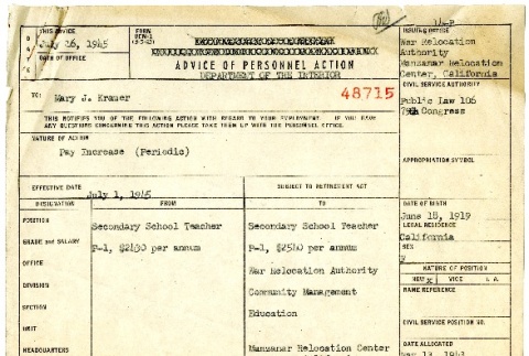 Advice of Personnel Action form (ddr-manz-8-15)