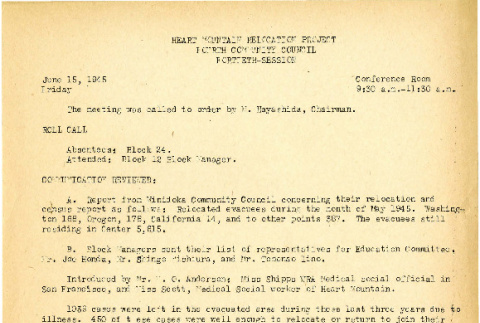 Heart Mountain Relocation Project Fourth Community Council, 40th session (June 15, 1945) (ddr-csujad-45-35)