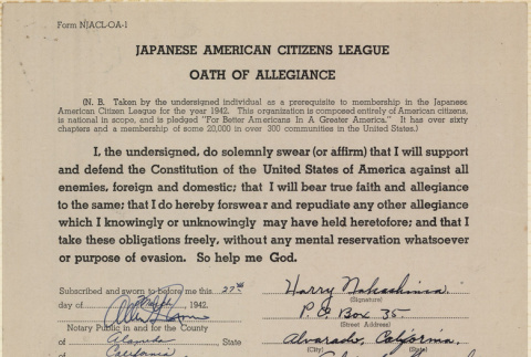 JACL Oath of Allegiance for Harry Nakashima (ddr-ajah-7-106)