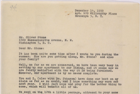Letter from Lawrence Miwa to Oliver Ellis Stone concerning claim for James Seigo Maw's confiscated property (ddr-densho-437-278)