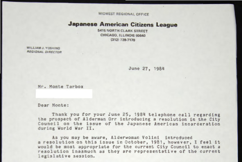 Letter to Monte Tarbox from William Yoshino (ddr-chijacl-1-715)