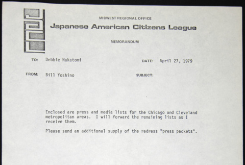 Memo to Debbie Nakatomi from Bill Yoshino (ddr-chijacl-1-449)