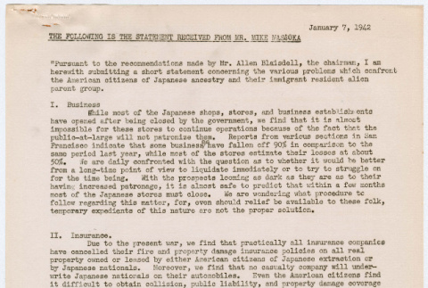 Written statement by Mike Masoka on problems facing Japanese Americans for the Committee of Immigrant Serving Agencies (ddr-densho-356-762)