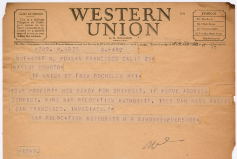Telegram to Kaneji Domoto (ddr-densho-329-1021)