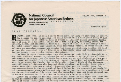 National Council for Japanese American Redress Vol. 7 No. 8 (ddr-densho-352-68)