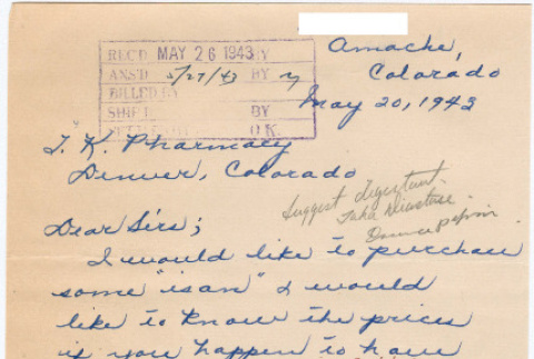 Letter sent to T.K. Pharmacy from Granada (Amache) concentration camp (ddr-densho-319-241)