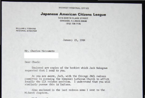 Letter to Charles Matsumoto from William Yoshino (ddr-chijacl-1-729)
