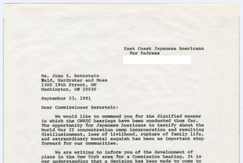 Carbon copy of page 1 of letter to Ms. Joan Z. Bernstein from Sasha Hohri and Michi Kobi (ddr-densho-352-482)