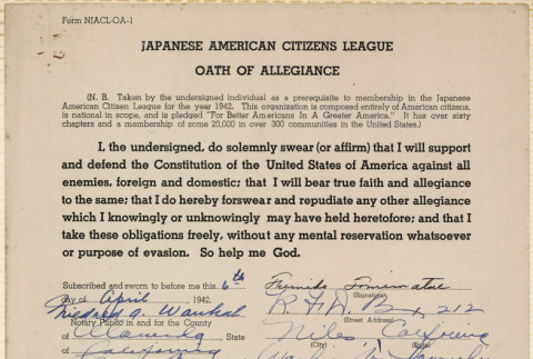 JACL Oath of Allegiance for Fumiko Tomimatsu (ddr-ajah-7-138)