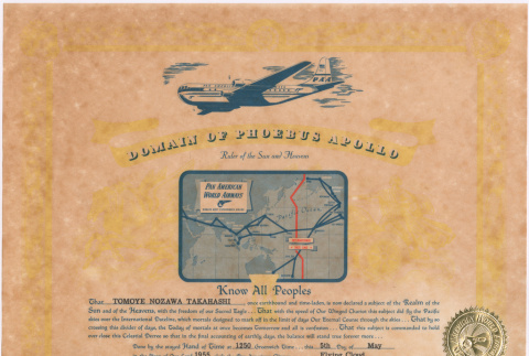 Humorous certificates issued to Tomoye Takahashi from Pan-Am airlines for crossing the international date line (ddr-densho-424-1037)