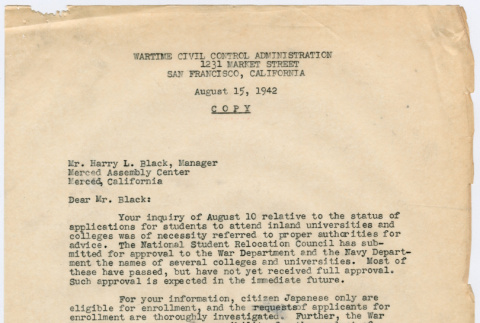 Letter to Harry L. Black from E. Sandquist regarding status of students requesting to attending inland universities (ddr-densho-356-789)