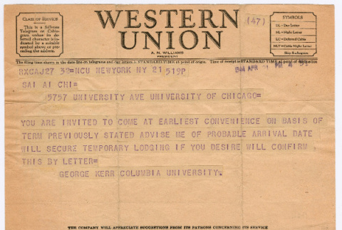 Telegram from Lt. George Kerr to Ai Chih Tsai (ddr-densho-446-136)