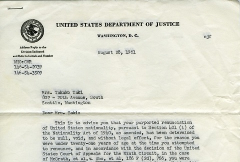 Letter from the U.S. Department of Justice regarding renunciation status (ddr-densho-164-139)