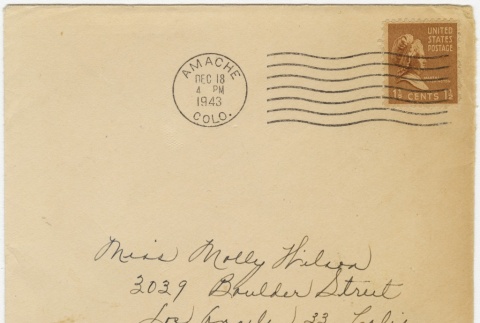 Christmas card (with envelope) to Molly Wilson from Sandie Saito (December 18, 1943) (ddr-janm-1-18)