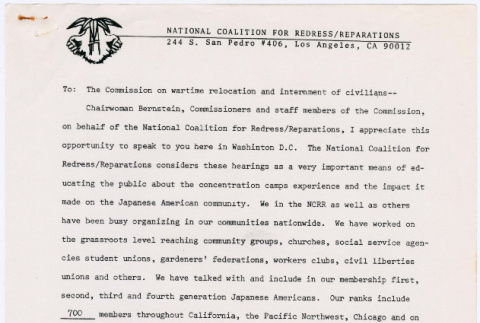 Statement by National Coalition for Redress and Reparations (NCRR) to Commission on Wartime Relocation and Internment of Civilians (CWRIC) (ddr-densho-122-267)