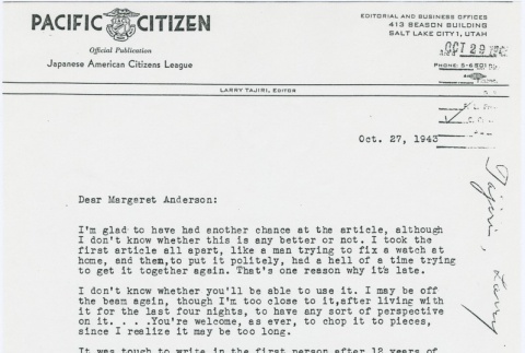 Letter from Larry Tajiri to Margaret Anderson, editor of Common Ground (ddr-densho-338-442)