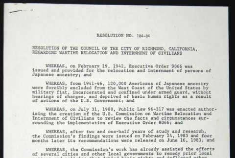 City of Richmond Resolution 184-84 (ddr-chijacl-1-89)