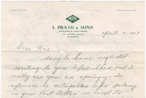 Letter sent to Kinuta Uno at Tule Lake concentration camp (ddr-densho-324-71)