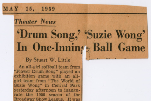 Newspaper article about exhibition game between cast of Flower Drum Song and The World of Suzie Wong (ddr-densho-367-219)