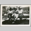Three friends sitting on a bench (ddr-densho-298-166)