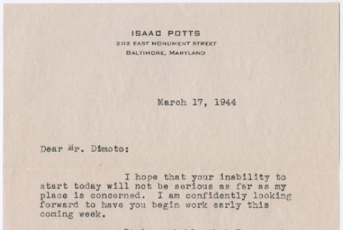 Letter to Kaneji Domoto from Isaac Potts (ddr-densho-329-1007)