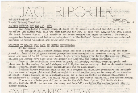 Seattle Chapter, JACL Reporter, Vol. VII, No. 8, August 1970 (ddr-sjacl-1-121)